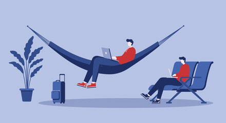 Two men engaged in remote work using laptops, one comfortably in a hammock and the other on a bench. Represents modern flexible work-life balance and digital nomad lifestyle with ease.