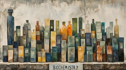 text "biochemistry" in watercolor, illustration