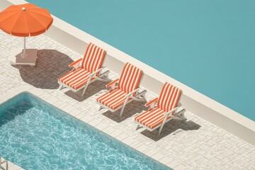 Poolside chairs and umbrella, isometric view