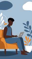 A person of color works or studies remotely on a laptop from the comfort of their home, highlighting modern digital lifestyle and flexibility.
