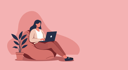 Woman comfortably working or studying on a laptop from home on a beanbag chair, representing remote work, flexible education, and modern lifestyle.