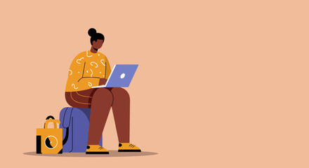 Person working remotely on a laptop while traveling, embodying a digital nomad lifestyle with luggage. Ideal for business, travel, and modern work concepts.
