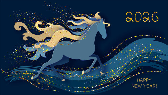 Year of the horse, Chinese New Year 2026 banner with blue horse and clouds, gold manner and stars