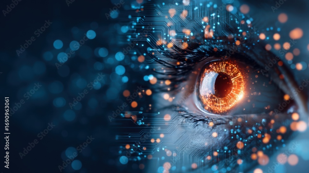 Poster a futuristic close-up of an eye with digital circuits and glowing particles, blending technology wit