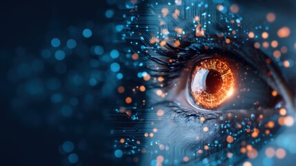 A futuristic close-up of an eye with digital circuits and glowing particles, blending technology with human features.