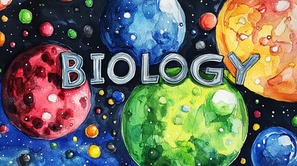 Text "Biology" in watercolor, illustrion