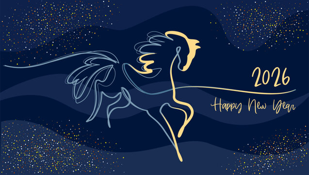 Year of the horse, Chinese New Year 2026 banner card with blue horse and clouds, golden mane and stars.