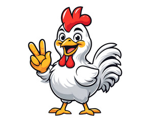 Fototapeta premium Funny chicken mascot showing peace sign, friendly white rooster cartoon