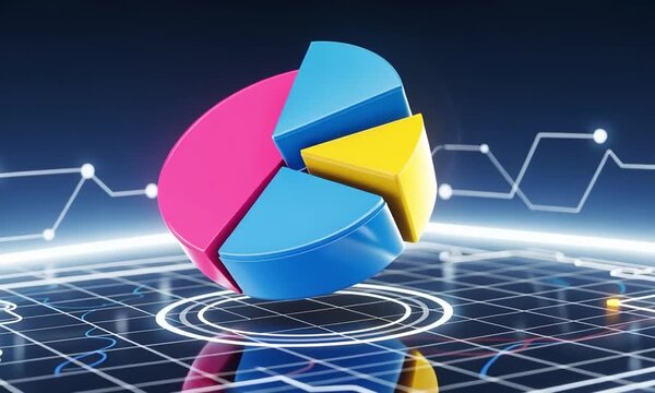 3d pie chart with pink, blue, and yellow segments, set against a dark blue background with glowing lines and circular patterns animated 4k video