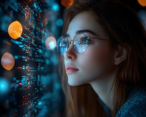 Young woman with glasses intently views a glowing complex digital data interface