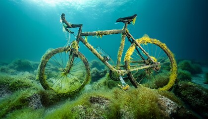 Fototapeta premium sunken bicycle on the seabed its frame covered in algae