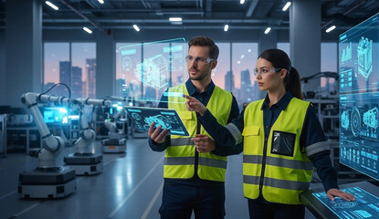 Two engineers in a factory setting, using holographic displays and tablets to monitor robotic arm production.
