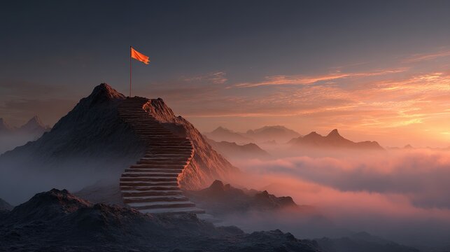 Mountain peak with staircase and flag, symbolizing overcoming challenges, achieving goals, inspiration, and aspiration at sunset.