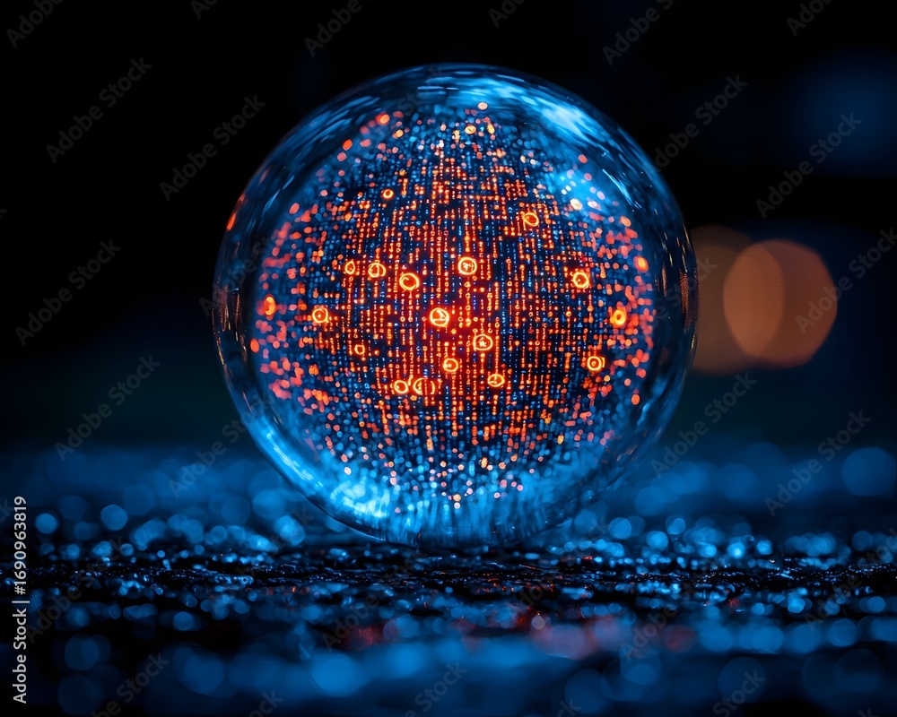 Aufkleber glowing digital code encapsulated within a transparent sphere on a dark bokeh lit surface representi