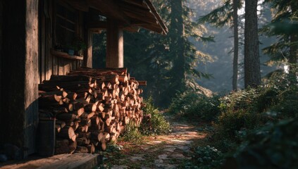 Wooden cabin in a sunlit forest (1)