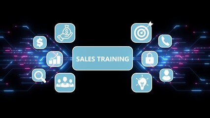 Sales training concept with icons for business education and skill development.Digital Circuit Network Technology internet data space Background. - Powered by Adobe
