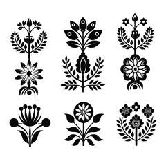 Black Silhouette Folk Art Floral and Botanical Motifs