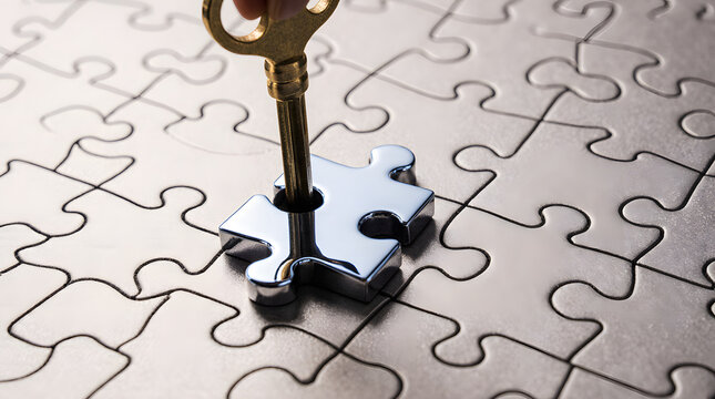 Key unlocking puzzle piece, symbolizing solution and problem solving.