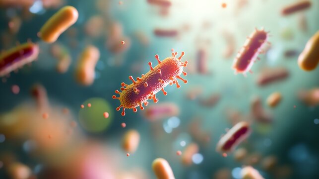 Realistic 3D visualization of Bacteroides fragilis bacteria breaking down dietary fiber in the human colon, soft lighting, microscopic scale, without labels or text