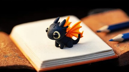 Miniature black dragon figurine with orange wings on a white notebook, fantasy theme, ideal for games, story illustrations, creative projects, collectibles
