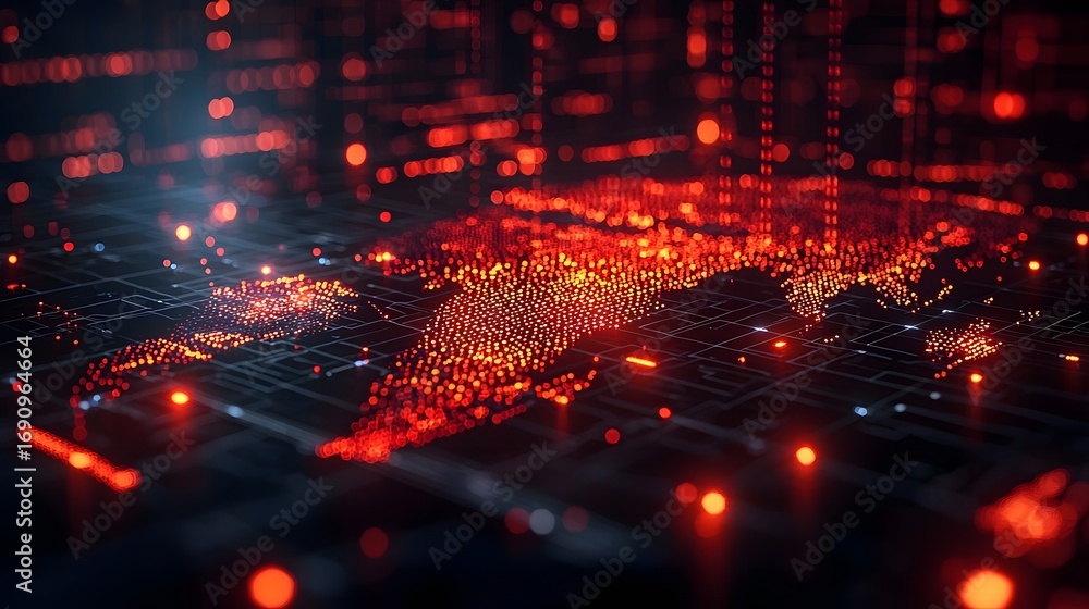 Poster a futuristic digital world map illuminated by glowing red data points representing global networks a