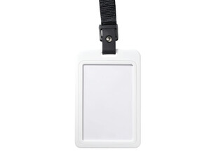 Blank white plastic ID badge with black strap