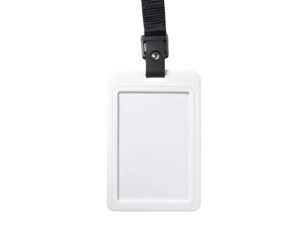 Blank white plastic ID badge with black strap
