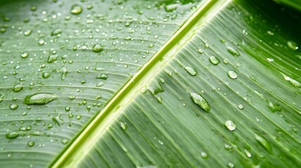 Close up of green banana leaf surface covered with fresh water droplets after rain