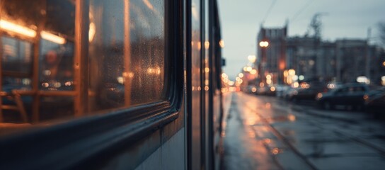 Tram window reflecting city lights at dusk