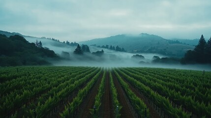 Fototapeta premium Misty Morning Vineyard: Serene Rows of Grapes in Foggy Landscape