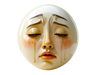 Round, pale face, sad expression, tears