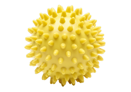 Spiky yellow massage ball toy close up detailed texture macro shot relaxation tool fun object