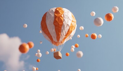 Low-poly hot air balloon floating amidst a cloud of small spheres