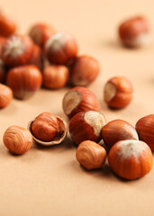 hazelnuts close-up on the table. Minimalism, place for text. Vertical photo format