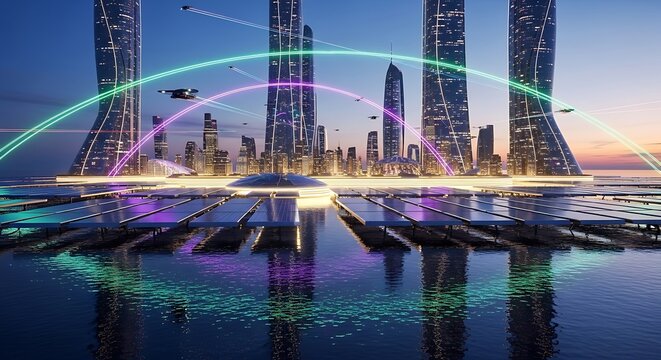 Futuristic Cityscape with Aerial Transportation. - Powered by Adobe