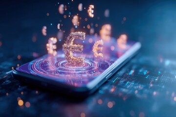 A smartphone displays glowing Euro symbols, representing digital finance and cryptocurrency in a futuristic, tech-driven environment.