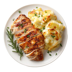 roasted turkey breast with potato gratin on white plate
