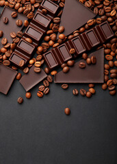 coffee beans and chocolate on the table. . Vertical photo format