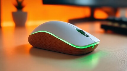 Illuminated white and green computer mouse on desk, tech accessory, ideal for gaming setups, workspace blogs, product reviews, modern office scenes