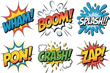 Colorful comic book sound effects pop art style, explosion text bubbles, retro cartoon action words for superhero and comic design