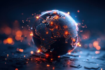 A futuristic globe with glowing digital connections, representing technology and global connectivity against a dark, tech-inspired background.