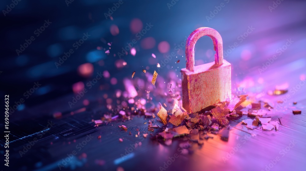 Poster a digital padlock surrounded by fragmented pieces, symbolizing cybersecurity and data protection in 