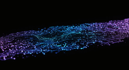 Abstract digital network visualization with glowing blue and purple particles forming a complex wave, representing futuristic technology and big data flow