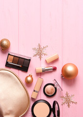 Set of professional decorative cosmetics and Christmas accessories. Vertical photo format