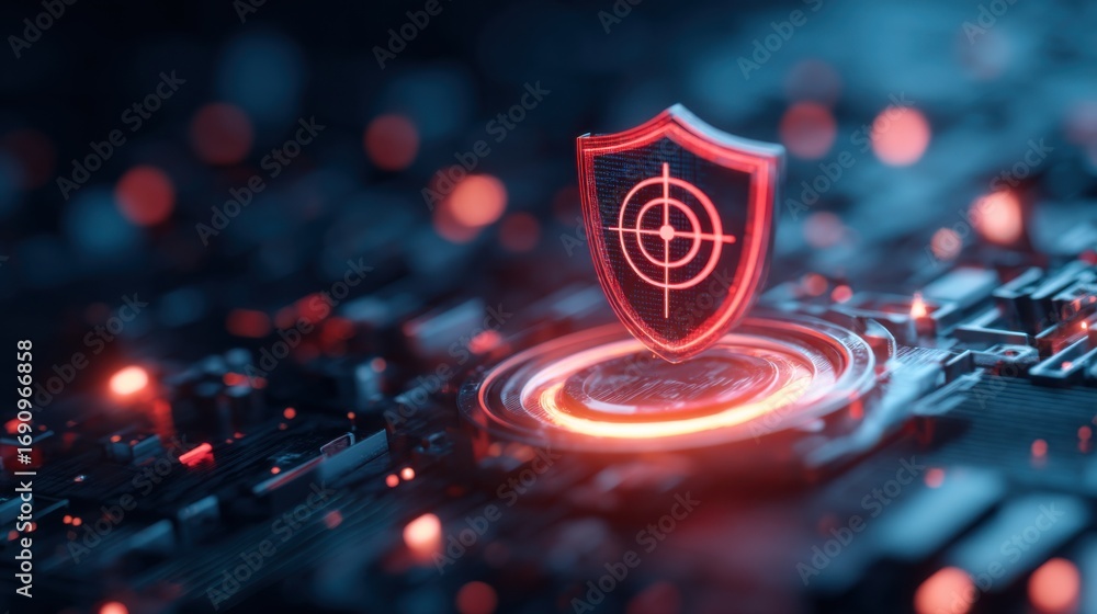 Poster a digital shield with a target symbol glows against a tech-inspired background, emphasizing cybersec