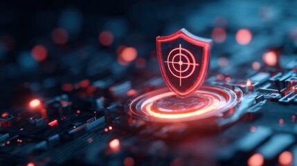 A digital shield with a target symbol glows against a tech-inspired background, emphasizing cybersecurity and protection.