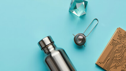 Elevated Still Life Composition Featuring a Stainless Steel Water Bottle, Geometric Glass Object, Tea Infuser, and Circuit Board Notebook on a Serene Light Blue Backdrop