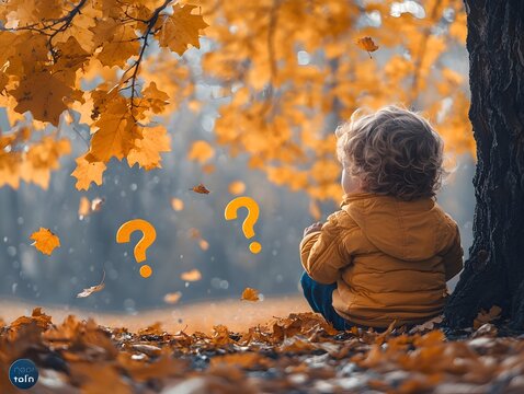 Young child contemplating autumn leaves shaped like question marks symbolizing wonder and curiosity