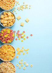 Different types of corn breakfasts on the table close-up. Vertical photo format