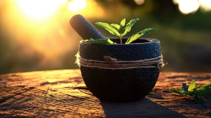 Homegrown herbs in rustic mortar and pestle at sunset, natural remedies, ideal for gardening, culinary arts, herbal medicine, organic lifestyle